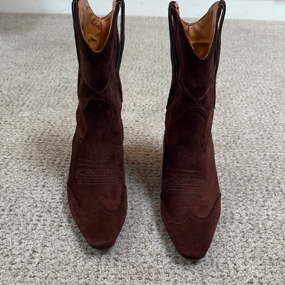 Amazon Brown Suede Western-Inspired Ankle Booties